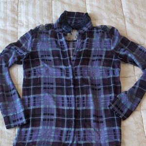 Plaid Button-Up Blouse - Purple and Black